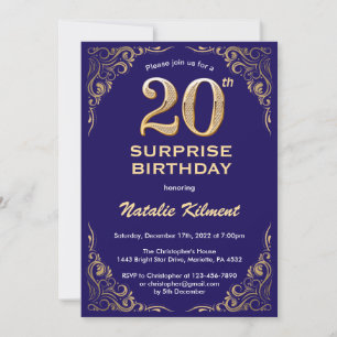 Überraschung zum 20. Geburtstag Navy Blau und Gold Einladung