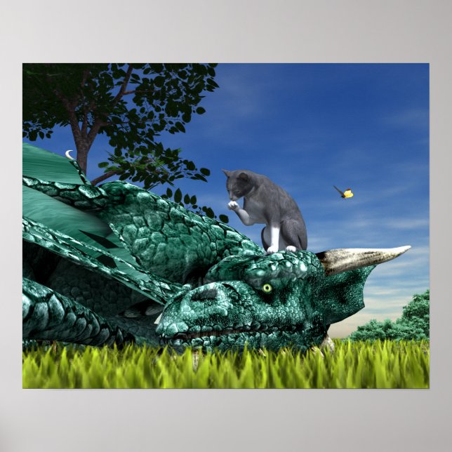 Überraschungsbesucher - Niedliche Katze auf Drache Poster (Vorne)
