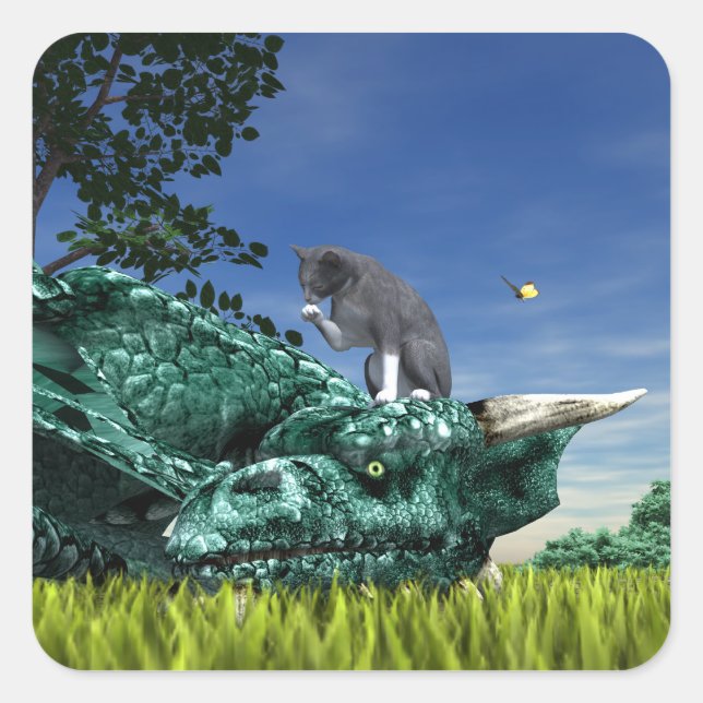 Überraschungsbesucher - Niedliche Katze auf Drache Quadratischer Aufkleber (Vorderseite)