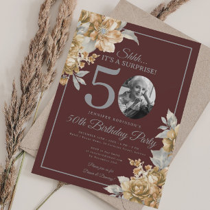Überraschungsfoto 50. Geburtstag Gold Floral Burgu Einladung