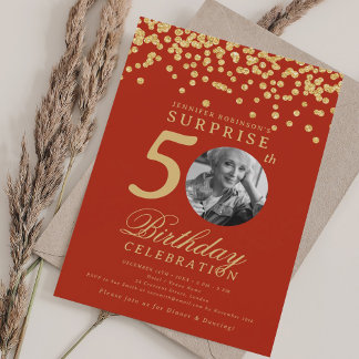 Überraschungsfoto 50. Geburtstag Gold Konfetti Rot Einladung