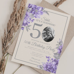 Überraschungsfoto 50. Geburtstag Lila Blumen Beige Einladung