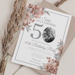 Überraschungsfoto 50. Geburtstag Roségold Blumenmu Einladung