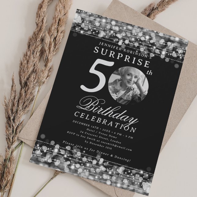 Überraschungsfoto 50. Geburtstagsfeier Silberlicht Einladung (SURPRISE Photo 50th Birthday Party Silver Lights Invitation)