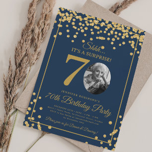 Überraschungsfoto 70. Geburtstag Gold Glitter Navy Einladung