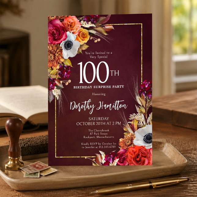 ÜBERRASCHUNGSPARTY 100. Burgunder Herbstblumen Einladung (Von Creator hochgeladen)