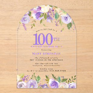 ÜBERRASCHUNGSPARTY 100. Geburtstag Lila Blumen Kla Acryleinladungen