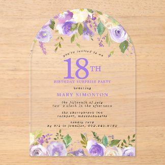 ÜBERRASCHUNGSPARTY 18. Geburtstag Lila Blumen Klar Acryleinladungen