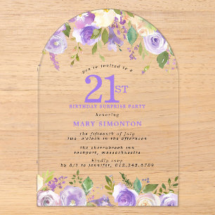 ÜBERRASCHUNGSPARTY 21. Geburtstag Lila Blumen Klar Acryleinladungen