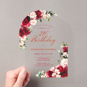Überraschungsparty 21. Geburtstag Rot Pink Floralb Acryleinladungen