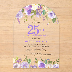 ÜBERRASCHUNGSPARTY 25. Geburtstag Lila Blumen Klar Acryleinladungen