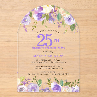 ÜBERRASCHUNGSPARTY 25. Geburtstag Lila Blumen Klar Acryleinladungen