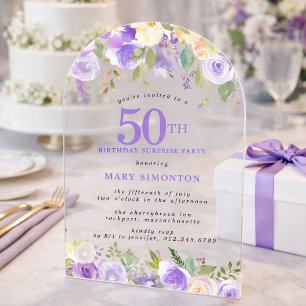 ÜBERRASCHUNGSPARTY 50. Geburtstag Lila Blumen Klar Acryleinladungen