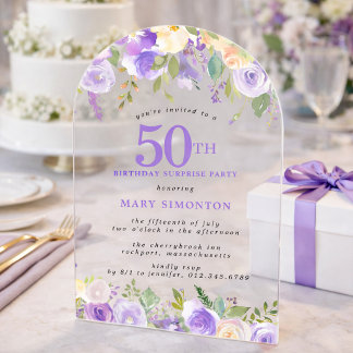 ÜBERRASCHUNGSPARTY 50. Geburtstag Lila Blumen Klar Acryleinladungen