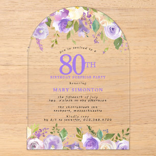 ÜBERRASCHUNGSPARTY 80. Geburtstag Lila Blumen Klar Acryleinladungen