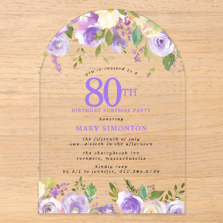 ÜBERRASCHUNGSPARTY 80. Geburtstag Lila Blumen Klar Acryleinladungen