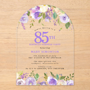 ÜBERRASCHUNGSPARTY 85. Geburtstag Lila Blumen Klar Acryleinladungen