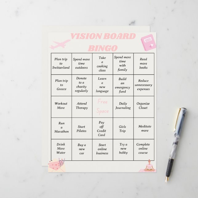 Übersicht über Bingo-Ziele (Vorderseite/Rückseite Beispiel)