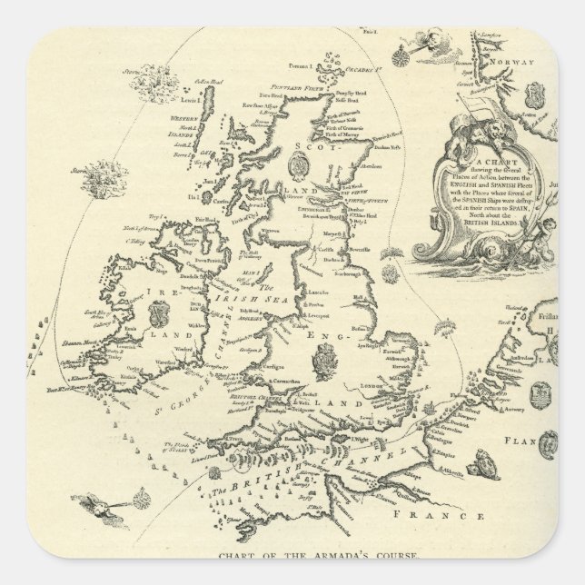 Übersicht über den Verlauf der spanischen Armada Quadratischer Aufkleber (Vorderseite)