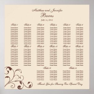 Übersicht über die Hochzeitssitze auf dem braunen Poster
