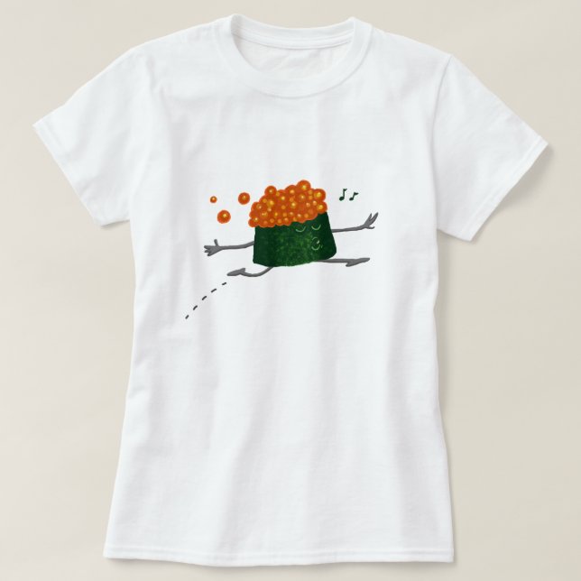 Überspringende Lachsrogen-lustige Sushi T-Shirt (Design vorne)