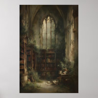 Überwachsene Bibliotheksruine mit Büchern und Efeu