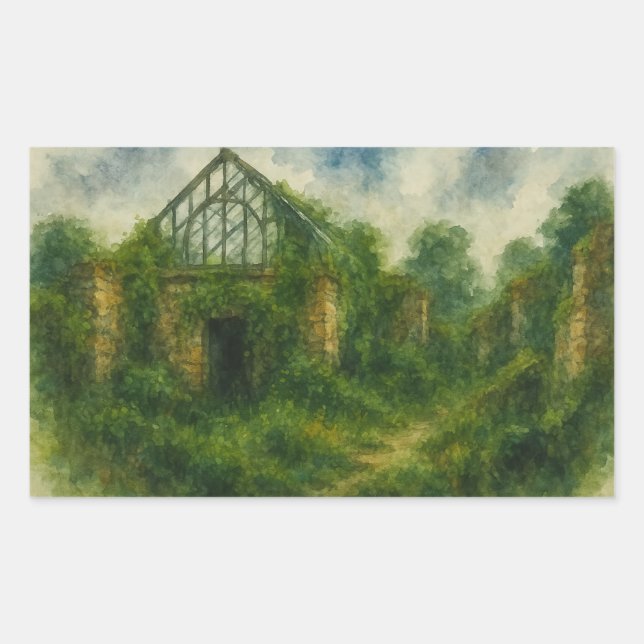 Überwuchertes Greenhouse in Ruins Aquarell Kunst,  Rechteckiger Aufkleber (Vorderseite)