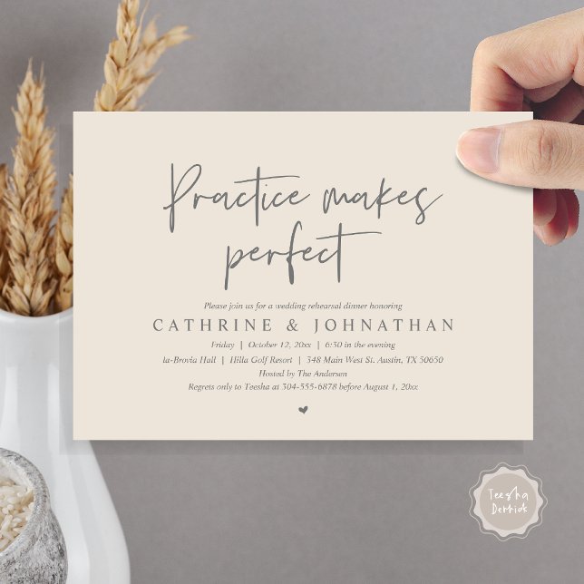Übung macht perfekt, Hochzeit Probe Dinner Einladung (Practice Makes Perfect, Wedding Rehearsal Dinner Invitation Card, PDF, Modern Casual, Grey Cream)