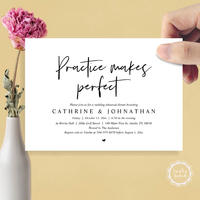 Übung macht perfekt, Hochzeit Probe Dinner Einladung (Practice Makes Perfect, Wedding Rehearsal Dinner Invitation Card, PDF, Modern Casual, Black White)