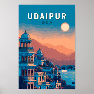 Udaipur India Illustration Travel Art Vintag Poster