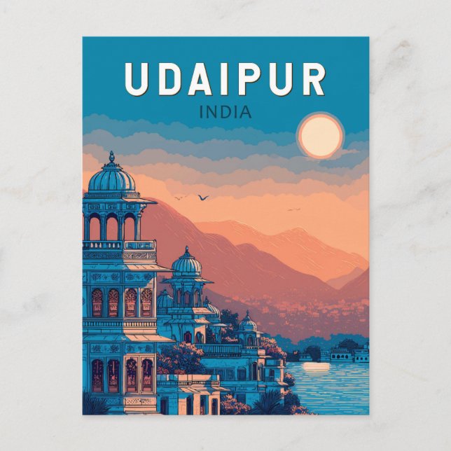 Udaipur India Illustration Travel Art Vintag Postkarte (Vorderseite)
