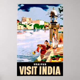Udaipur, Indien. Frauen am See. Vintage-Reise Poster