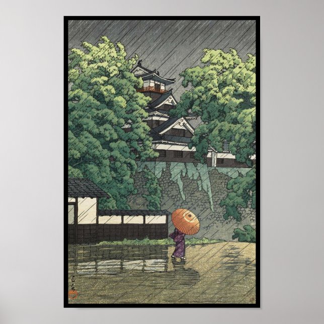 Udo Tower, Schloss Kumamoto im Regen Kawase Hasui Poster (Vorne)