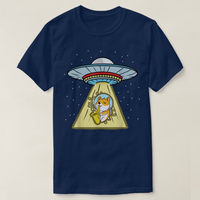 Ufo Abduction Corgi Astronaut Saxophon T - Shirt (Design vorne)
