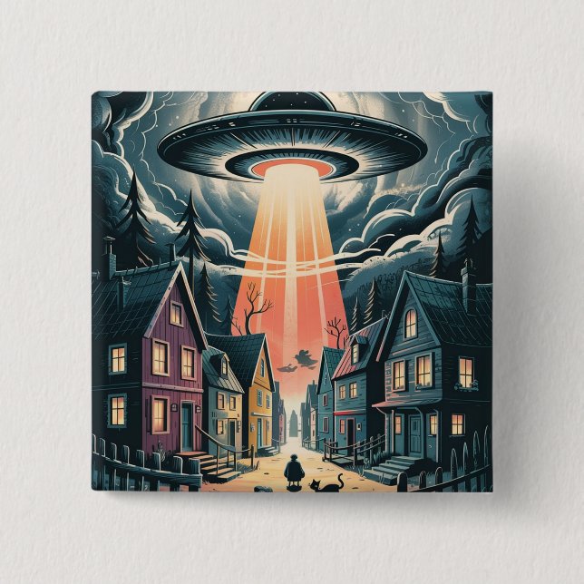 UFO Abduction Night Street Illustration Button (Vorderseite)