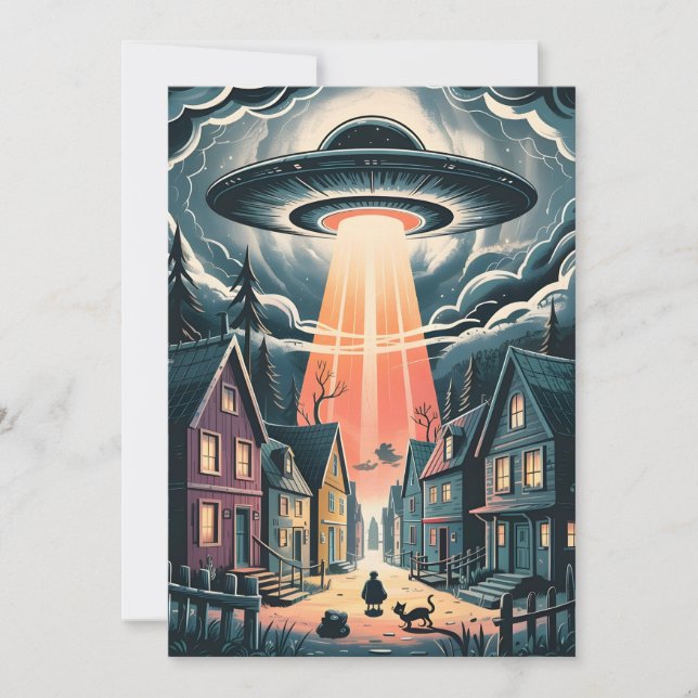 UFO Abduction Night Street Illustration Feiertagskarte (Vorderseite)