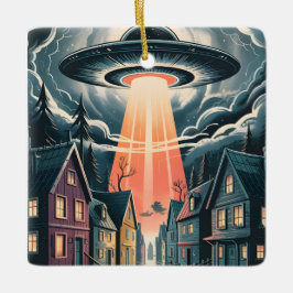 UFO Abduction Night Street Illustration Keramikornament