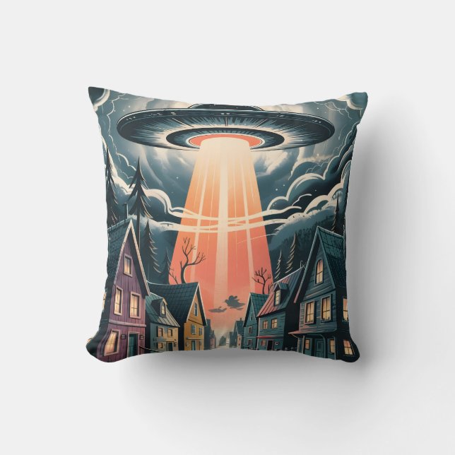 UFO Abduction Night Street Illustration Kissen (Vorderseite)