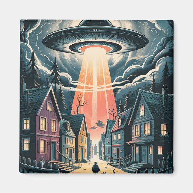 UFO Abduction Night Street Illustration Magnet (Vorne)