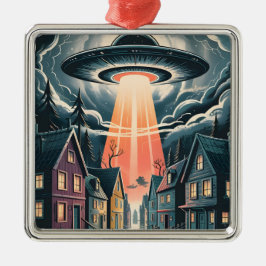 UFO Abduction Night Street Illustration Ornament Aus Metall