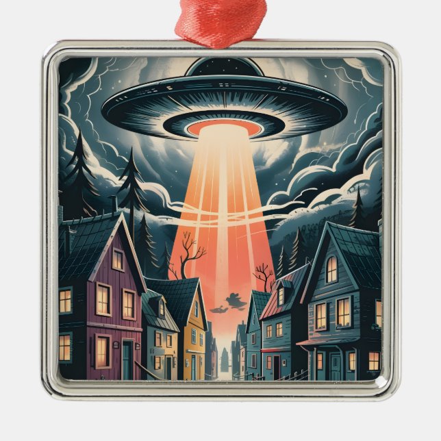 UFO Abduction Night Street Illustration Ornament Aus Metall (Vorne)