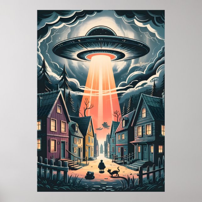 UFO Abduction Night Street Illustration Poster (Vorne)