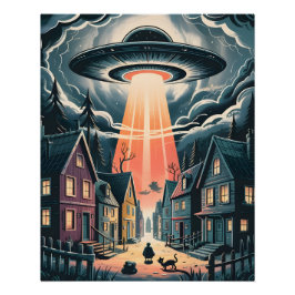 UFO Abduction Night Street Illustration Poster