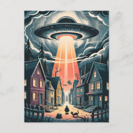 UFO Abduction Night Street Illustration Postkarte