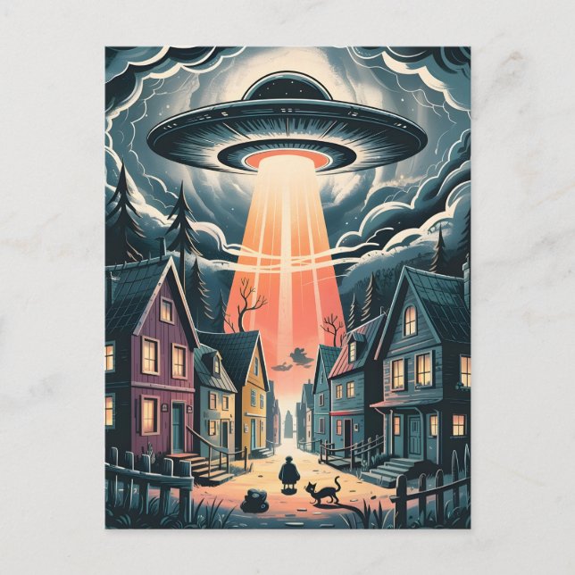 UFO Abduction Night Street Illustration Postkarte (Vorderseite)