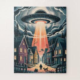 UFO Abduction Night Street Illustration Puzzle