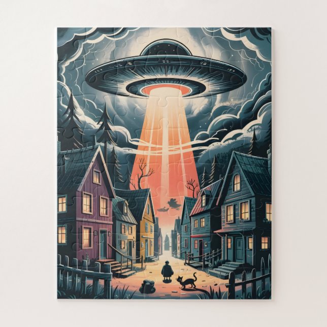 UFO Abduction Night Street Illustration Puzzle (Vertikal)