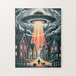 UFO Abduction Night Street Illustration Puzzle