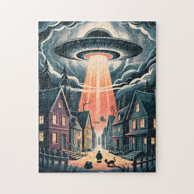 UFO Abduction Night Street Illustration Puzzle (Vertikal)