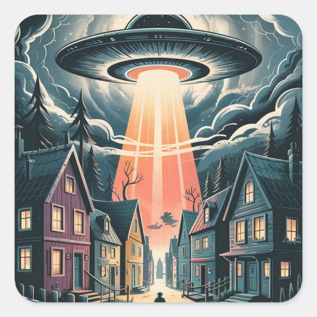 UFO Abduction Night Street Illustration Quadratischer Aufkleber (Vorderseite)
